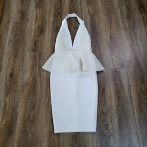 White Halter Neckline Scuba Dress Peplum Skirt Women’s Size XS Going Out